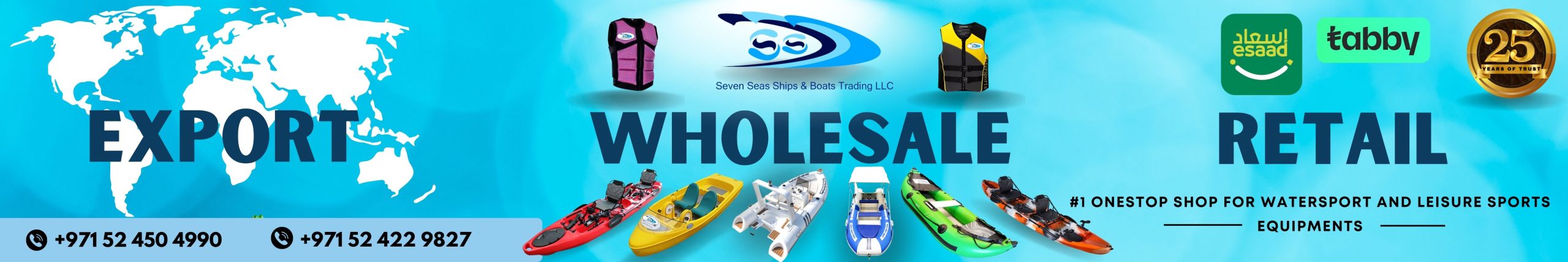 Seven Seas Ships & Boats Trading: export, wholesale and retail. #1 one-stop shop for watersport and leisure sports equipment. Pay with tabby or esaad. 25 years of trust.